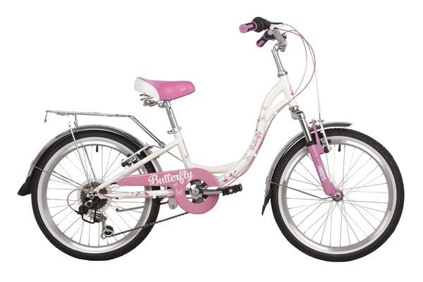 Велосипед NOVATRACK 20" BUTTERFLY сталь, белый-розовый, 6-скор, TY21/RS35/SG-6SI, V-brake, багажник                                                                                                                                                       