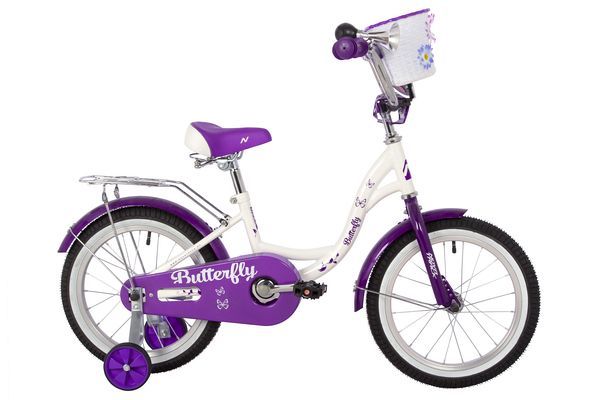 Велосипед NOVATRACK 16" BUTTERFLY белый-фиолетовый, тормоз нож, крылья и багаж хром, корз, полн защ.                                                                                                                                                      